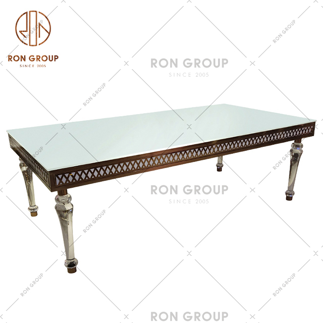 High Quality Popular Rectangle Wedding Glass Table with Stainless Steel Leg For European Restaurant & Party & In-house