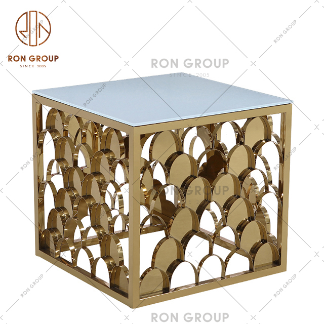 Hot Sale Hollow-carved Base Square Top Wedding Dining Glass Table With Gold And Steel Mirror 