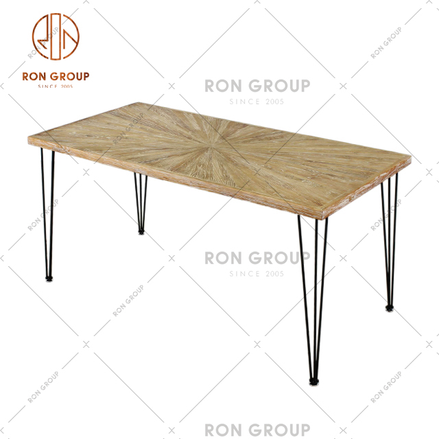 RNWF1001 Chain Restaurant Furniture Elm Solid Wood  Dining Table With Metal Frame For Buffet & Bistro & Bar & Cafe