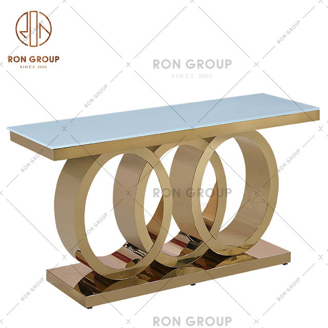 Modern Design Rectangle Wedding Dining Glass Table with Special Golden Stainless Steel Table Base For Hotel & Party & Event