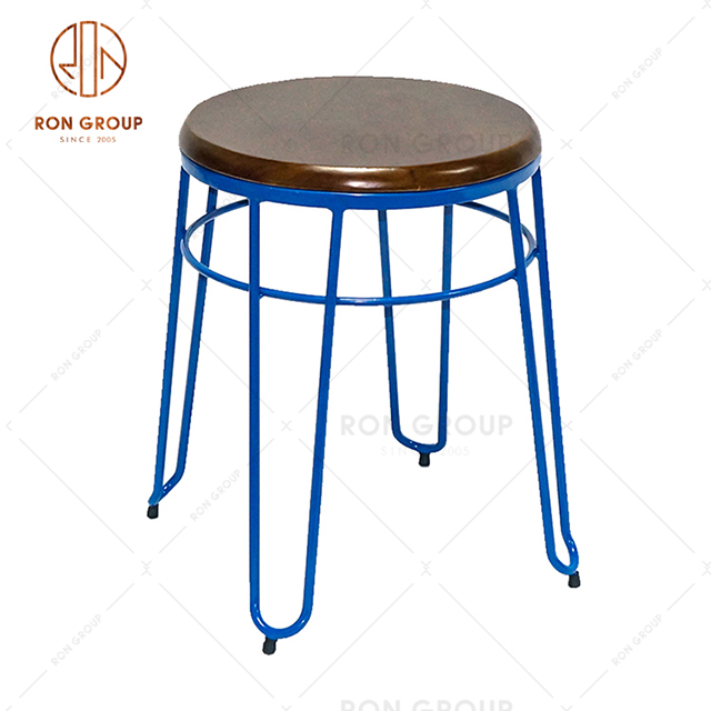 GA302C-45STW1 Factory High Quality Blue Metal Frame With Brown Wooden Round Seat Dining Chair For Restaurant