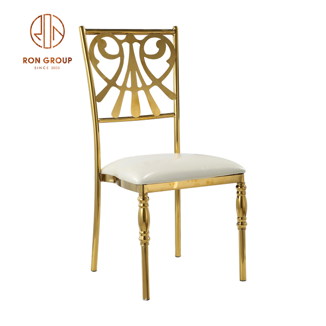 Commercial Factory Supplied Wedding Chair Stainless Steel Golden Pattern Hollowed Metal Backrest Design With Soft Cushion