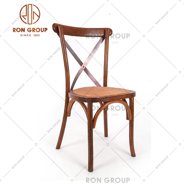 Modern style wooden chair with metal cross design back for restaurant cafe bar wedding events