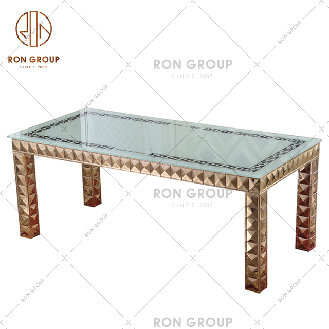 High Quality European Furniture Rectangular Dining Table With Golden Stainless Steel Frame For Hotel & Party & Restaurant
