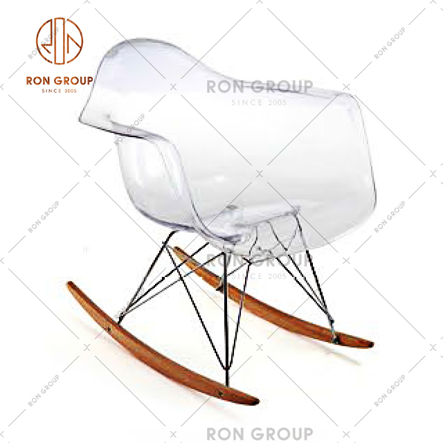 Hot Sale leisrue rocking chair with transparent plastic material and wooden foot for balcony & coutyard & outdoor & wedding 