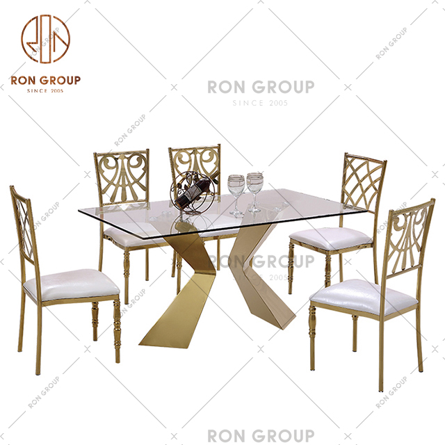 Hot Sale European Dining Table With Golden Stainless Steel Frame And Glass Top For Hotel & Restaurant & In-House 