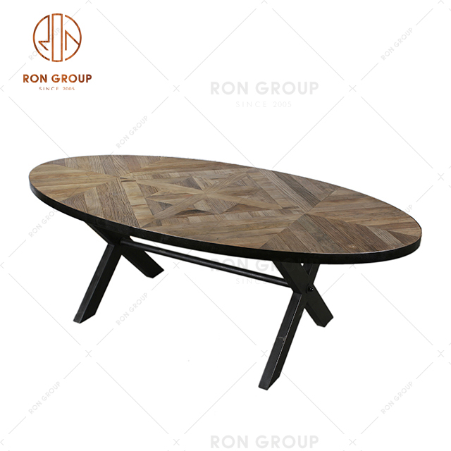Wholesale Classical Old Elm Wooden Oval Table Band stitching texture for Restaurant and Home