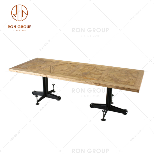 Factory Customized Wooden Rectangle Dining Table With Metal Base For Restaurant Villa Hotel Use