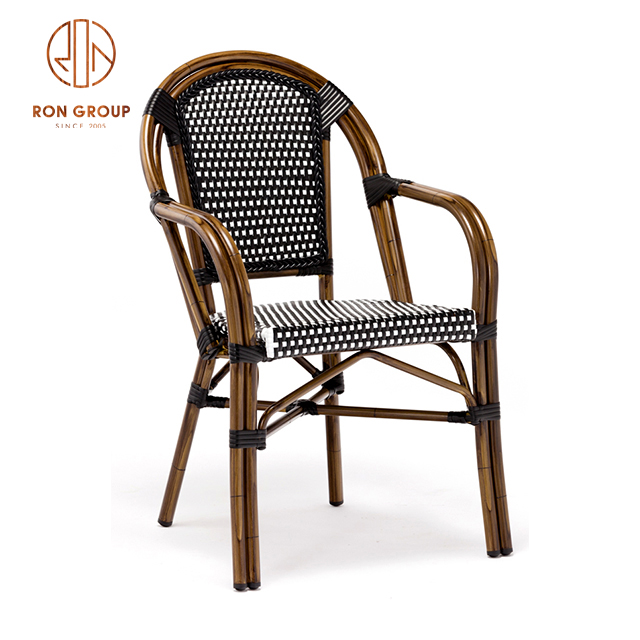 Comfortable Restaurant and Outdoor French Bistro Rattan Chair with Aluminium Armrest 