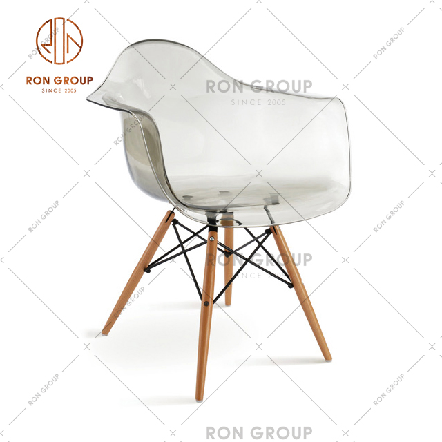 High quality cafe and restaurant chair with wooden foot and transparent plastic material for wedding & party & in-house
