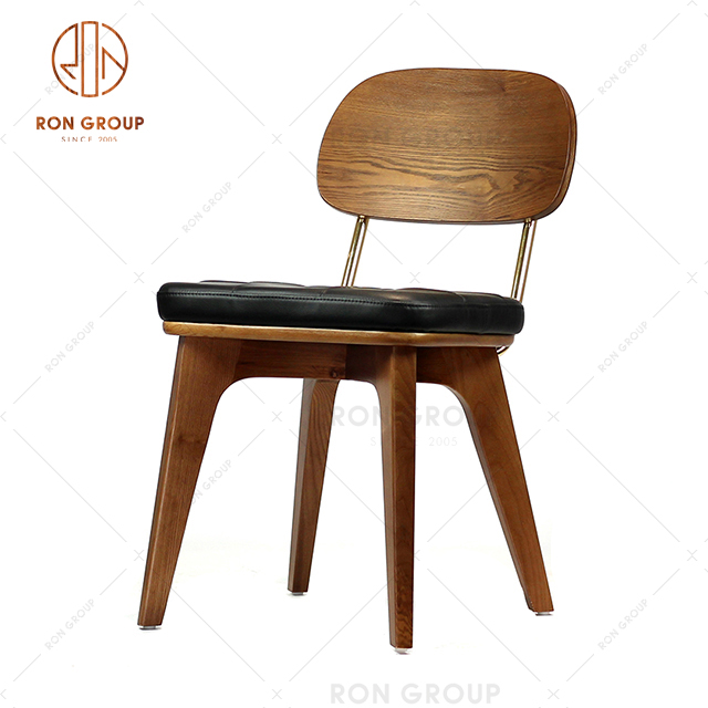 Nordic style simple dining chair with wooden frame and leather soft seat for restaurant apartment use