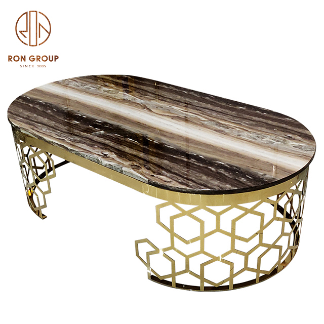 Luxurious Oval Wedding Dining Glass Table with Hollow-carved Stainless Steel Table Base For Hospitality & High End Club