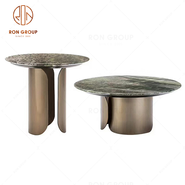 Three side metal marble coffee table golden stainless steel round mirror coffee table