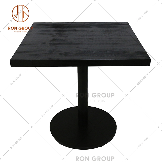 Commercial Italian restaurant black dining table with wooden top and metal frame for bistro cafe use