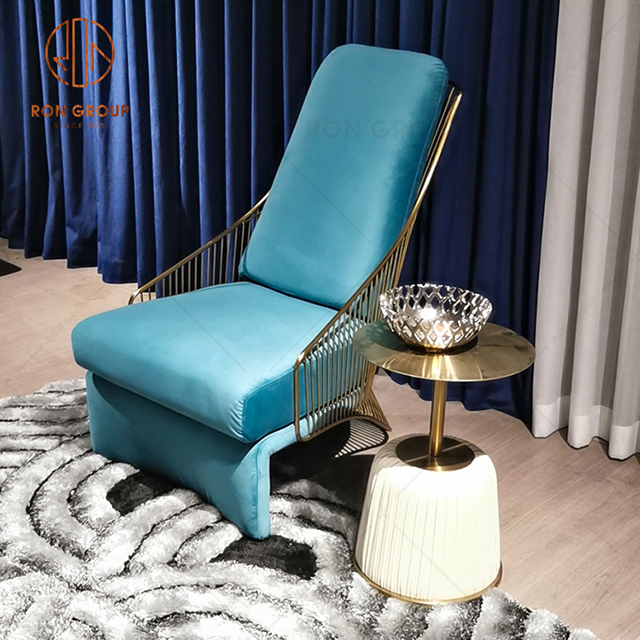 High -End Blue Leisure Chair Metal High Back Hotel Lobby Fabric Lounge Chair