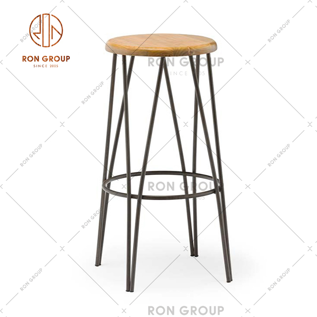Factory made Metal Round Solid Wood Seat Bar Stool Chair 