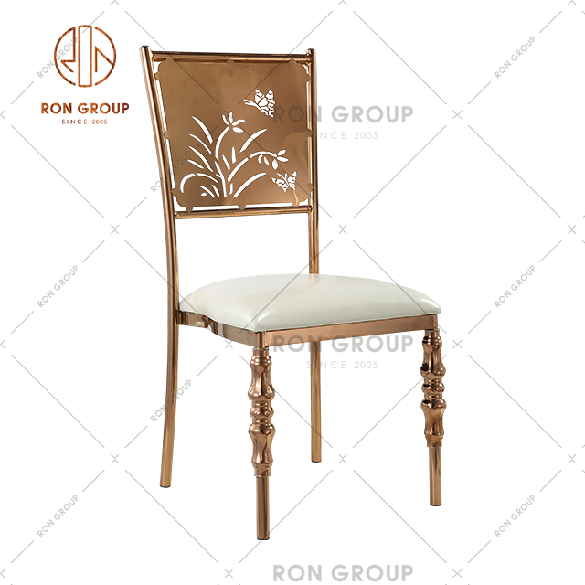 Hot Sale Rose Gold Pattern Curved Banquet Dining Stainless Steel Chair For Nordic Restaurant & Wedding Event