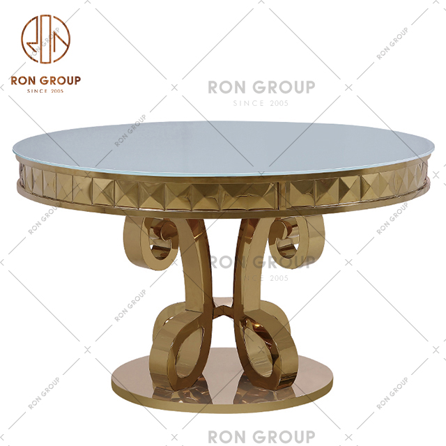 Commercial Factory Wholesale Supplied Luxurious Dining Table With Golden Stainless Steel Frame And Glass Top For Hotel & Party & Restaurant