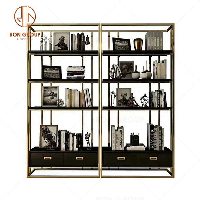 Elegant stylish gold metal bookshelf wood drawer bookcase